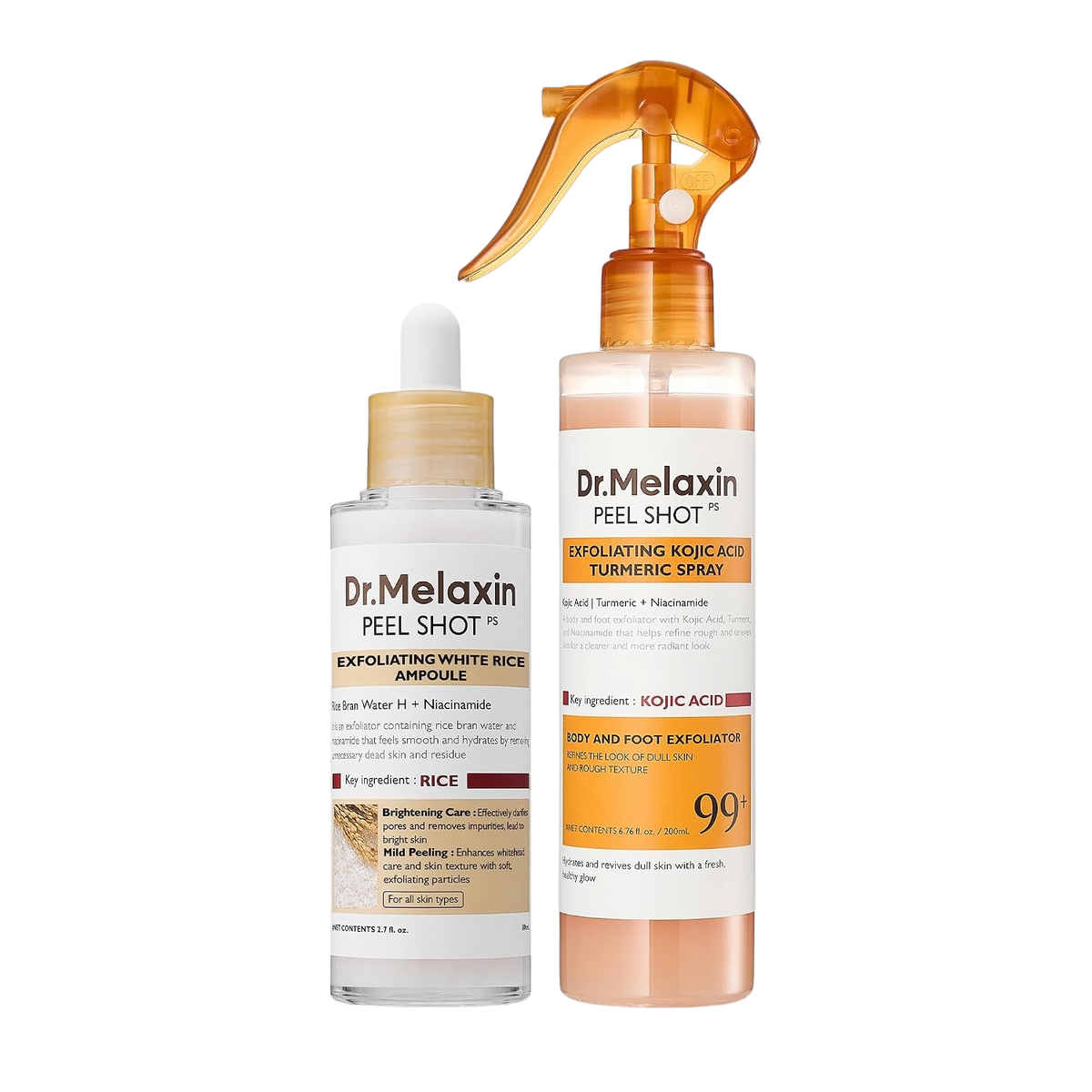 Dr.Melaxin Body & Face Peel Shot Duo Glow Rice Peeling Ampoule Kojic Acid & Turmeric spray