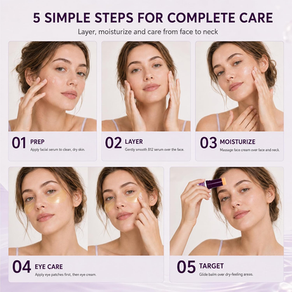 6-Piece Daily Skincare Set, Facial Care Kit with 2 Serums, Face Cream, Eye Cream, Under Eye Patches & Multi Balm Stick, Hydrating Moisturizing Routine