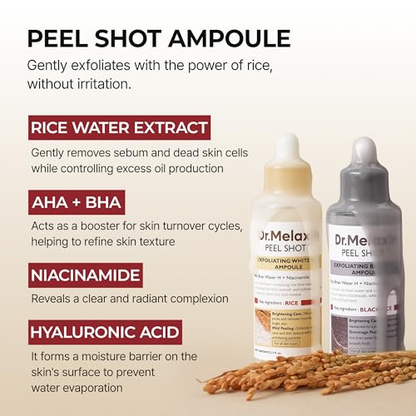 Dr.Melaxin Peel Shot Glow Rice Peeling Ampoule Duo Daily Soft Exfoliating Face and Body Scrub Dead Skin Cells Blackhead Remover for All Skin Types korean skin care